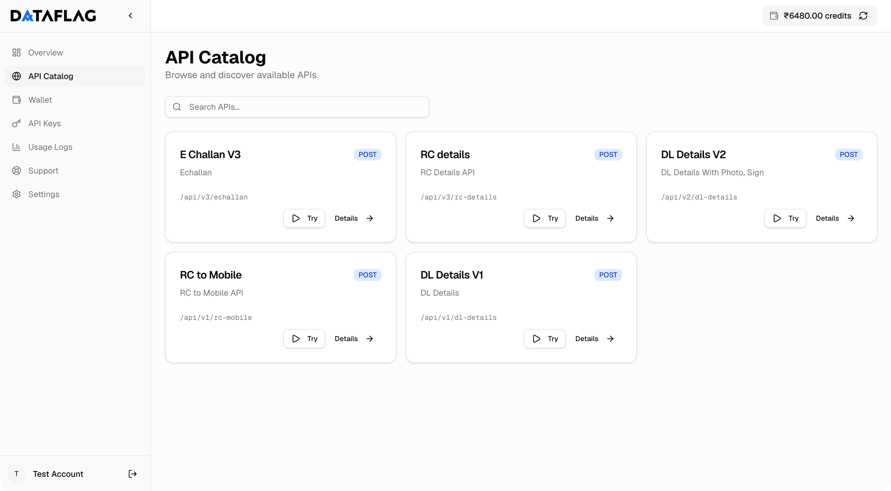 DataFlag API catalog listing verification endpoints such as E-Challan, RC details and driving licence lookups, each with its route, HTTP method and a Try action