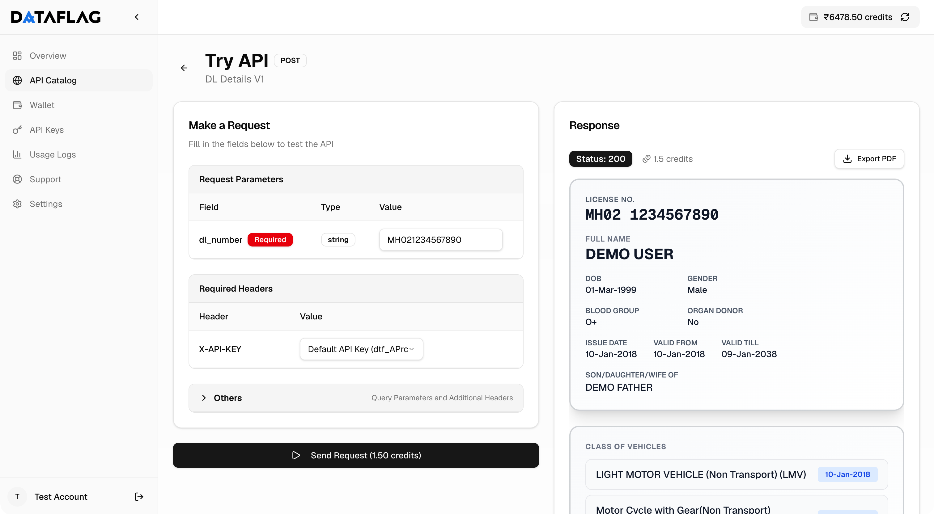 DataFlag Try API console showing a driving licence lookup request with its parameters and API key header beside a formatted 200 response rendered as a licence card