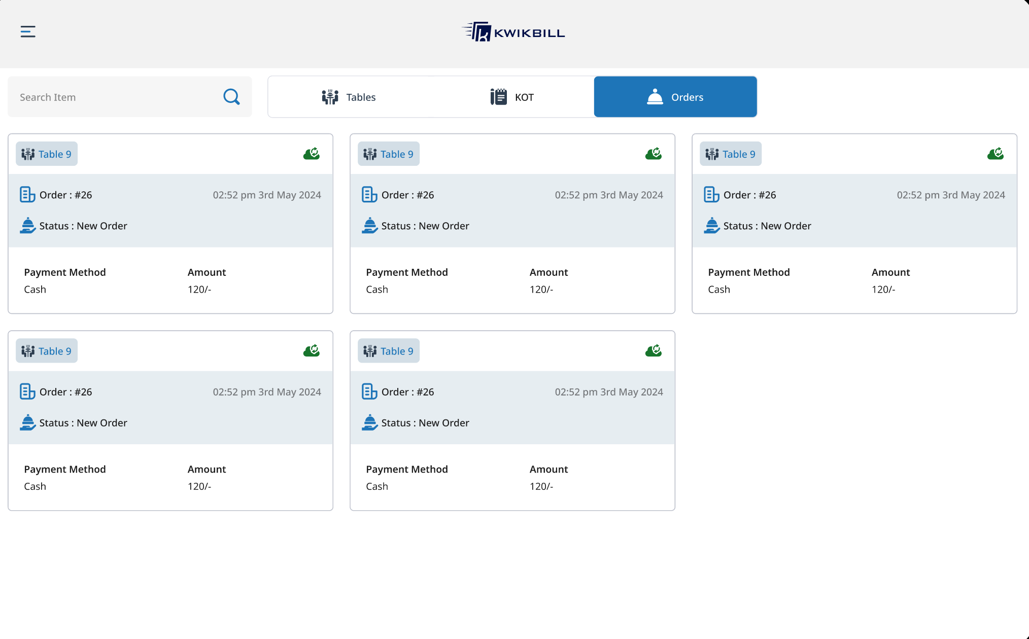 KwikBill orders screen listing open orders as cards with table, order number, status, payment method and amount, each showing a sync indicator