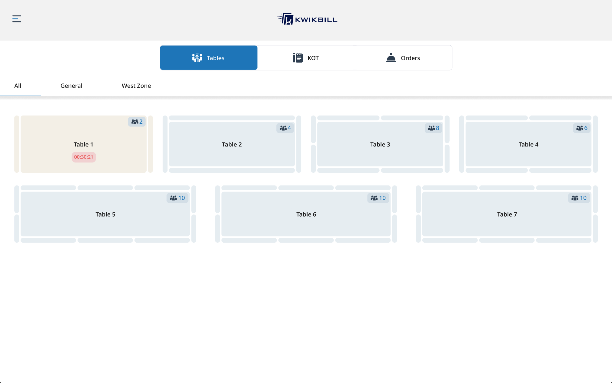 KwikBill table management view showing a restaurant floor plan with seat counts per table and a running occupancy timer on an engaged table